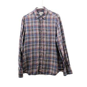 Massimo Dutti 100% Linen Long Sleeve Shirt Mens L Blue Plaid Button Down